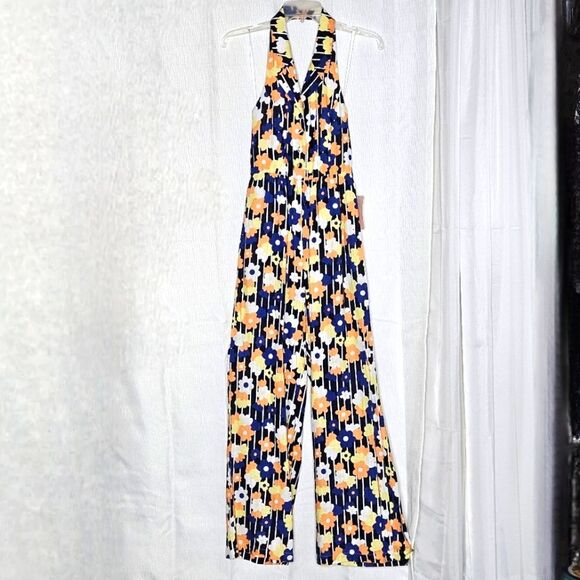 Modcloth Genuine Genius Bold Floral Print Linen Blend V-Neck Halter Jumpsuit - Picture 4 of 16